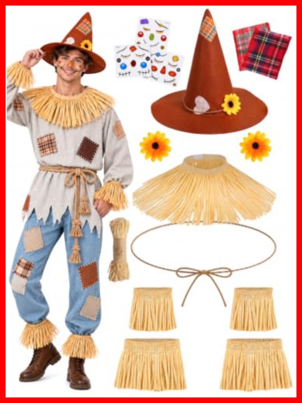 Scarecrow Costume Set Halloween Outfit with Hat Cape Cuffs Leg Warmers